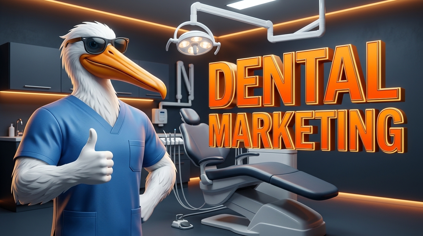 Dental Marketing Sarasota - Pelican Mascot in Dental Scrub Smock with Operatory Chair